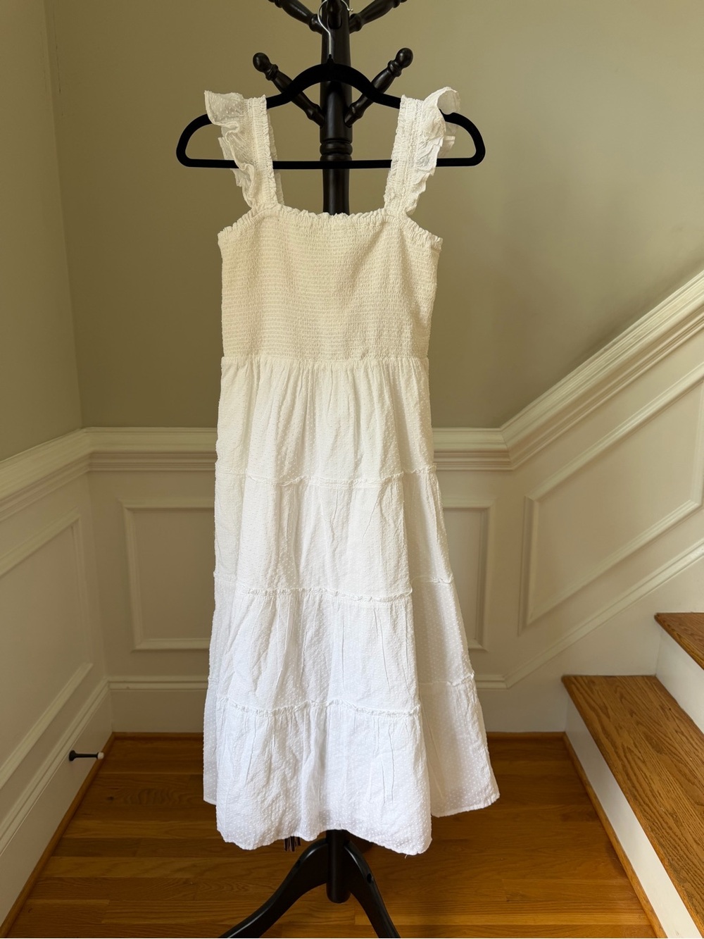 J. Crew White Smocked & Eyelet Midi Dress